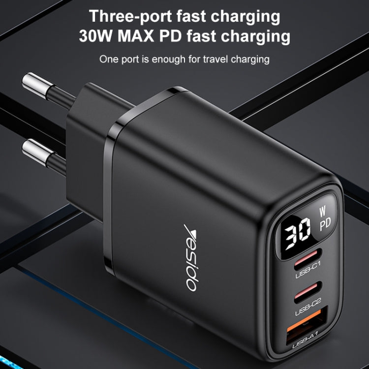 Yesido YC69 30W USB + 雙 USB-C / Type-C 數字顯示充電器，規格：EU 插頭，YC69