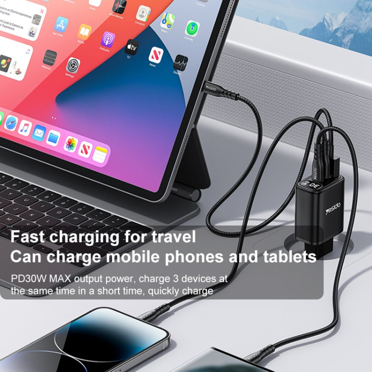 Yesido YC69 30W USB + 雙 USB-C / Type-C 數字顯示充電器，規格：EU 插頭，YC69