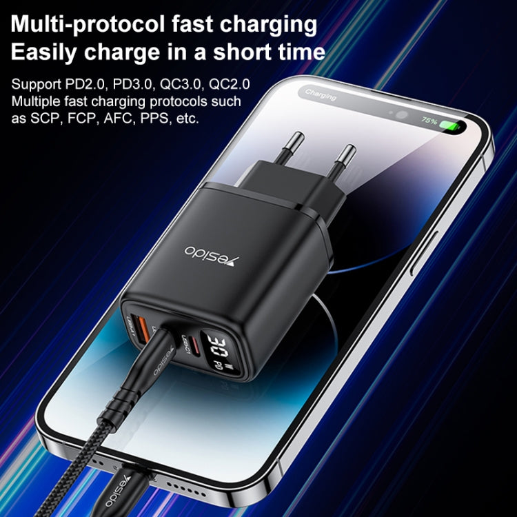 Yesido YC69 30W USB + 雙 USB-C / Type-C 數字顯示充電器，規格：EU 插頭，YC69