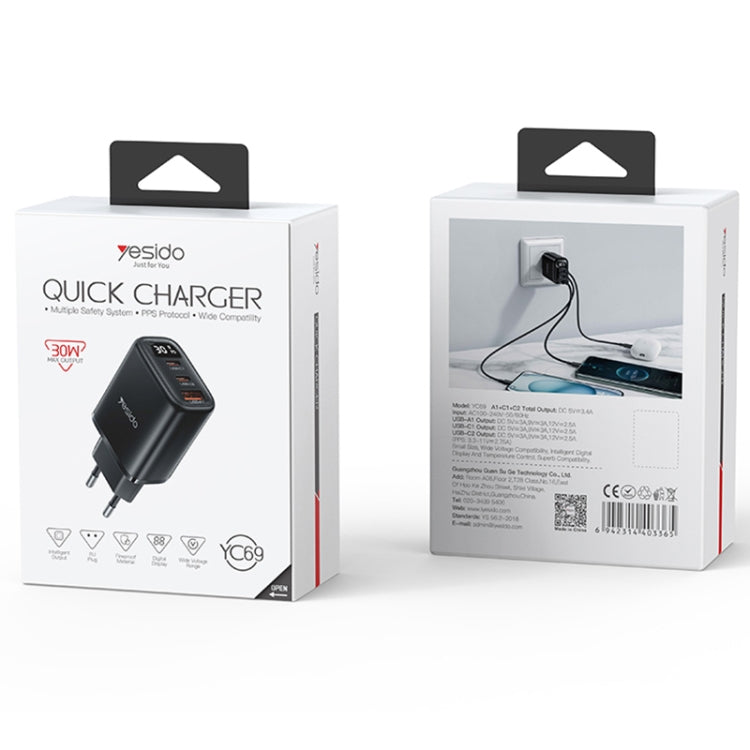 Yesido YC69 30W USB + 雙 USB-C / Type-C 數字顯示充電器，規格：EU 插頭，YC69
