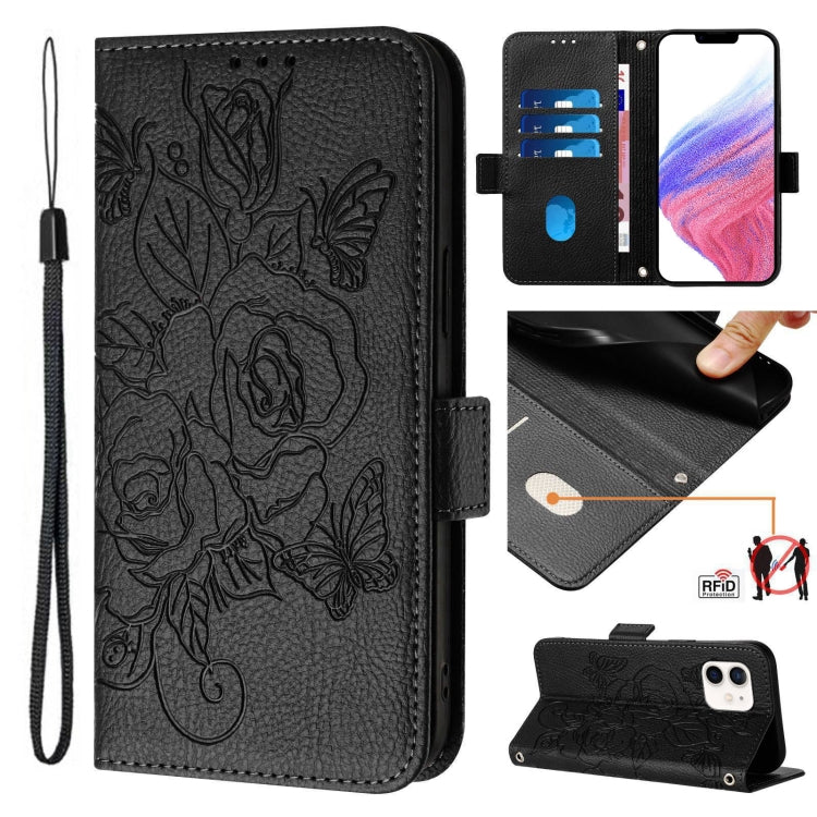 壓紋玫瑰 RFID 防盜皮革手機殼，適用於 iPhone 14 Pro Max、iPhone SE 2022 / SE 2020 / 8 / 7、iPhone 13 Pro Max、iPhone 13 Pro、iPhone 13 mini、iPhone 12 / 12 Pro、iPhone 12 Pro Max、iPhone 12 mini