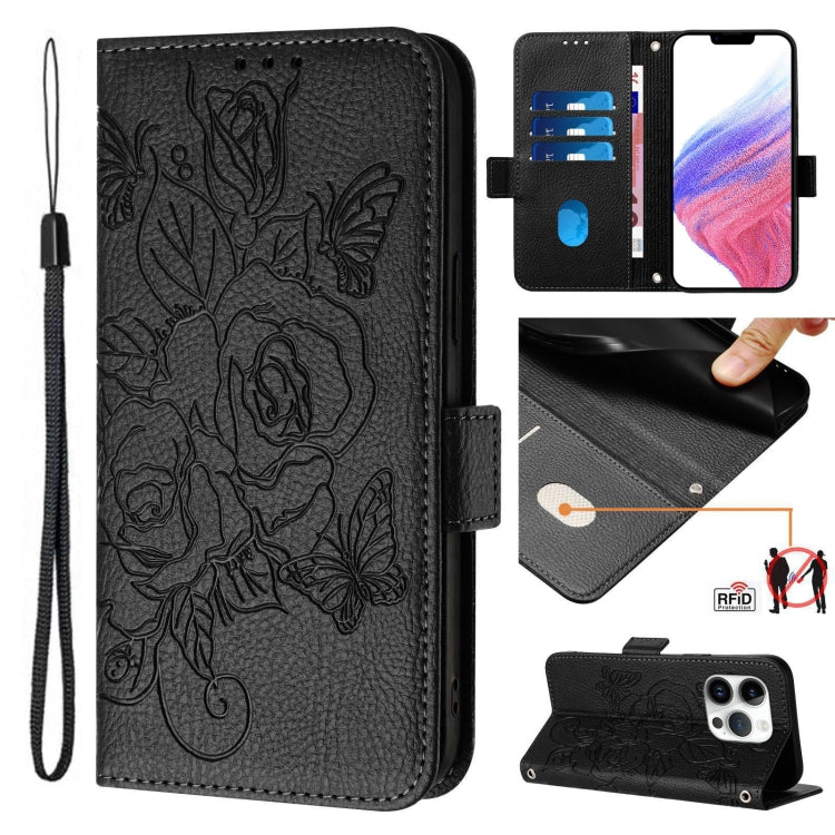 壓紋玫瑰 RFID 防盜皮革手機殼，適用於 iPhone 17 Pro Max、iPhone 17 Pro、iPhone 17、iPhone Air、iPhone SE 2024、iPhone 16 Pro Max、iPhone 16 Pro、iPhone 16 Plus