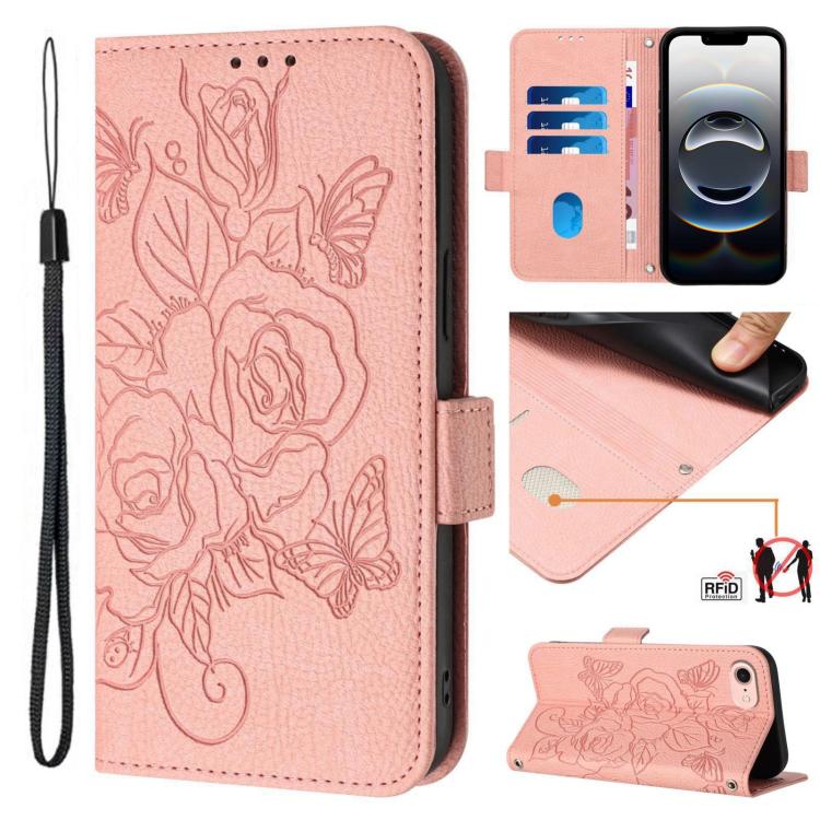 壓紋玫瑰 RFID 防盜皮革手機殼，適用於 iPhone 17 Pro Max、iPhone 17 Pro、iPhone 17、iPhone Air、iPhone SE 2024、iPhone 16 Pro Max、iPhone 16 Pro、iPhone 16 Plus