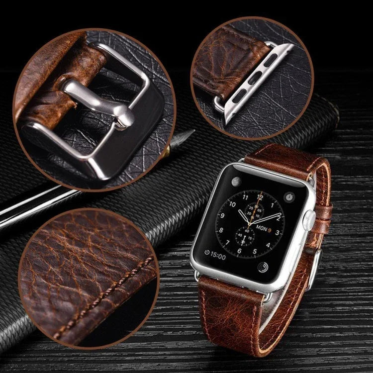 圓尾復古瘋馬紋真皮替換錶帶，適用於Apple Watch 5 & 4 44mm / 3 & 2 & 1 42mm，適用於Apple Watch Series 7 41mm / 6 & SE & 5 & 4 40mm / 3 & 2 & 1 38mm