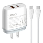 LDNIO Q229 QC3.0 / PD20W USB + Type-C 快速充電器，附1米 Type-C to Type-C 線，EU 插頭，UK 插頭，US 插頭
