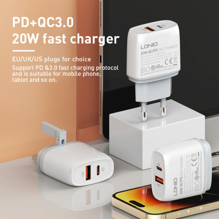 LDNIO Q229 QC3.0 / PD20W USB + Type-C 快速充電器，附1米 Type-C to Type-C 線，EU 插頭，UK 插頭，US 插頭