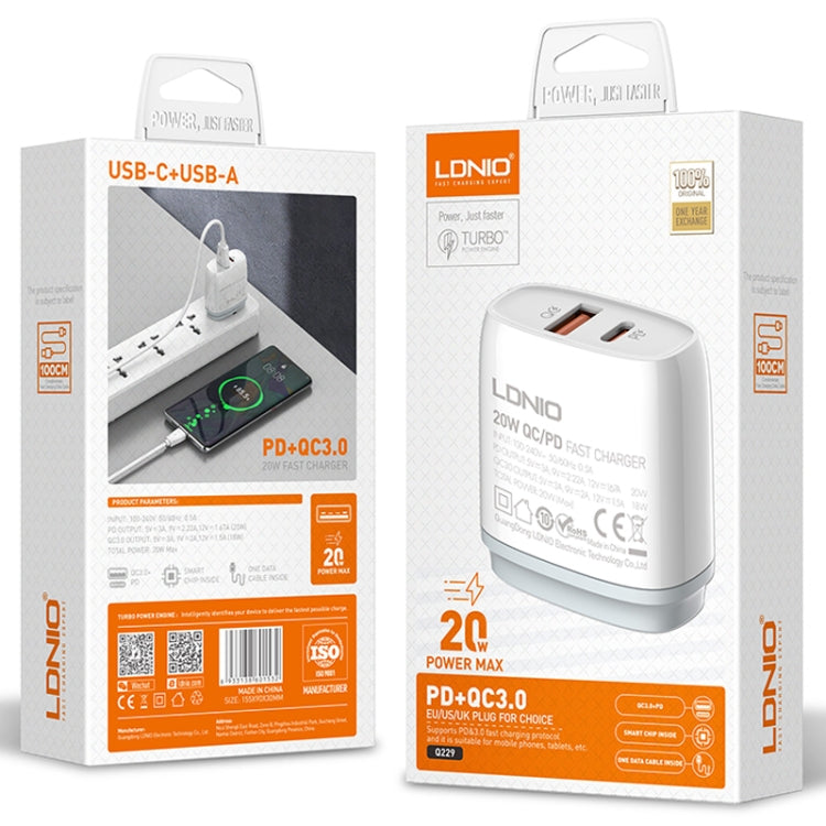 LDNIO Q229 QC3.0 / PD20W USB + Type-C 快速充電器，附1米 Type-C to Type-C 線，EU 插頭，UK 插頭，US 插頭