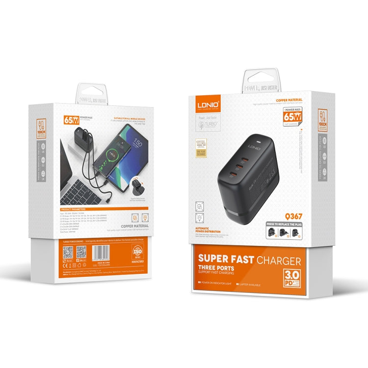 LDNIO Q367 65W GaN 三埠 USB-C / Type-C 介面充電器，附 1米 USB-C / Type-C 轉 USB-C / Type-C 數據線，歐規插頭，英規插頭，美規插頭