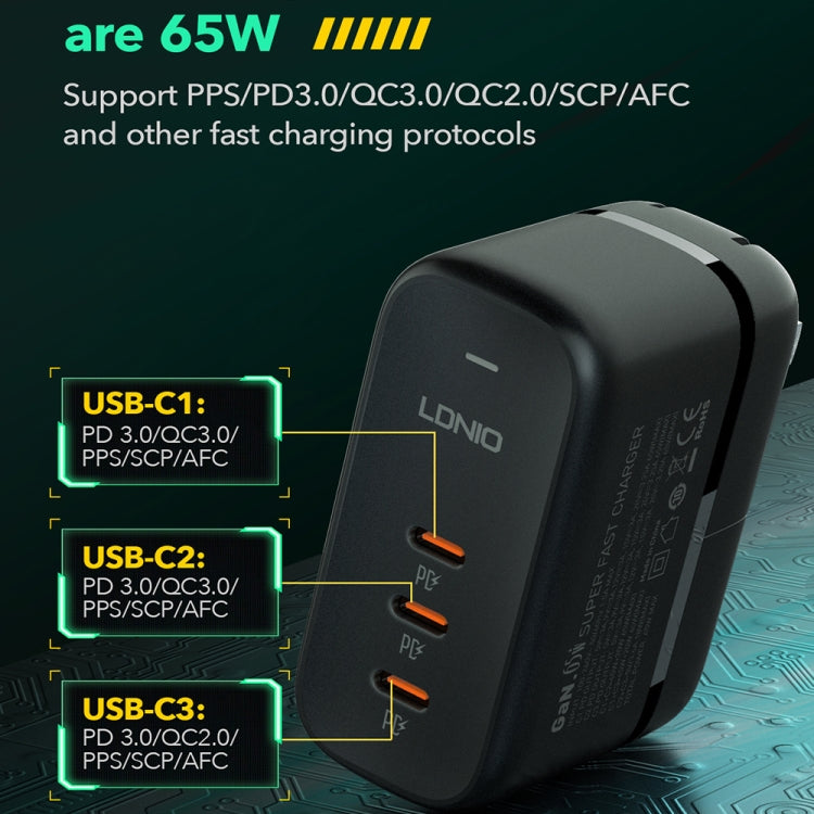 LDNIO Q367 65W GaN 三埠 USB-C / Type-C 介面充電器，附 1米 USB-C / Type-C 轉 USB-C / Type-C 數據線，歐規插頭，英規插頭，美規插頭