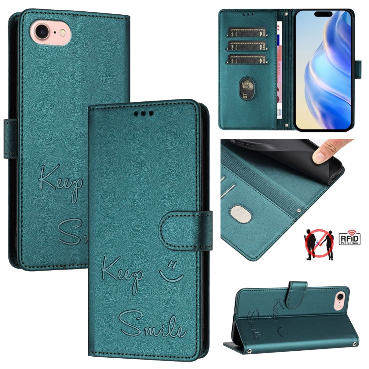 微笑浮雕RFID皮革手機殼，適用於iPhone 14 Pro Max、iPhone SE 2022 / 2020 / 8 / 7、iPhone 13 Pro Max、iPhone 13 Pro、iPhone 13 mini、iPhone 12 / 12 Pro、iPhone 12 Pro Max、iPhone 12 mini