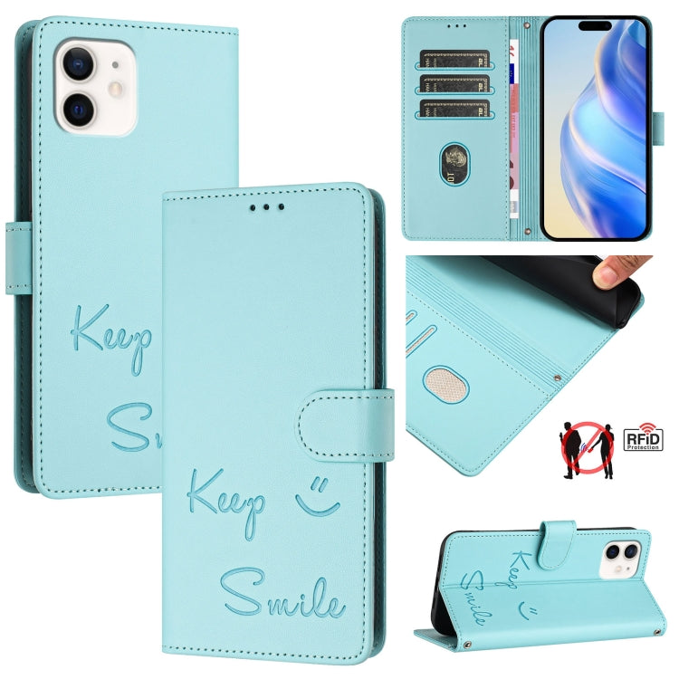 微笑浮雕RFID皮革手機殼，適用於iPhone 14 Pro Max、iPhone SE 2022 / 2020 / 8 / 7、iPhone 13 Pro Max、iPhone 13 Pro、iPhone 13 mini、iPhone 12 / 12 Pro、iPhone 12 Pro Max、iPhone 12 mini