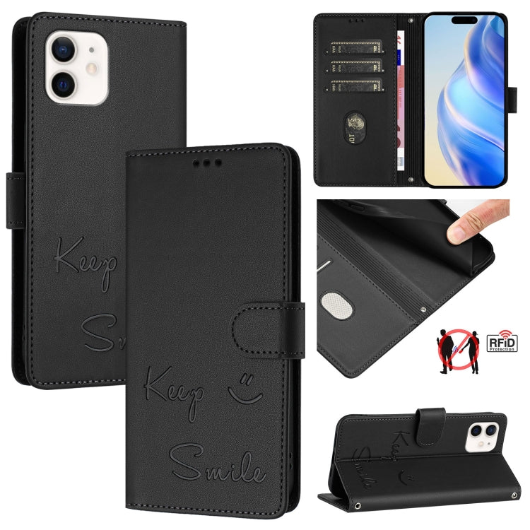 微笑浮雕RFID皮革手機殼，適用於iPhone 14 Pro Max、iPhone SE 2022 / 2020 / 8 / 7、iPhone 13 Pro Max、iPhone 13 Pro、iPhone 13 mini、iPhone 12 / 12 Pro、iPhone 12 Pro Max、iPhone 12 mini