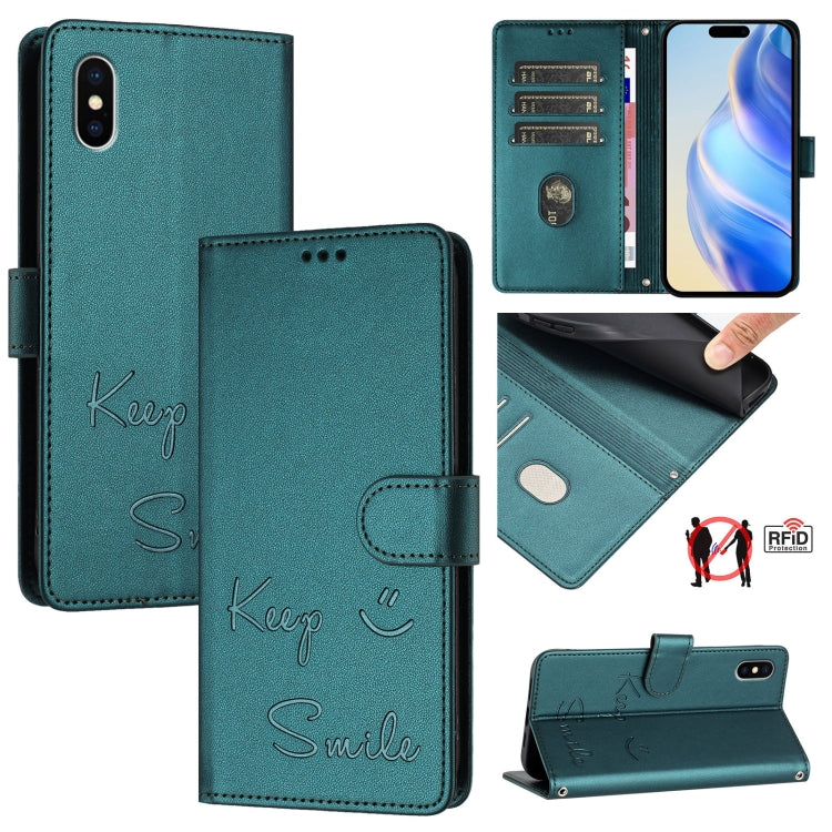 微笑浮雕RFID皮革手機殼，適用於iPhone 11 Pro Max、iPhone 11、iPhone 11 Pro、iPod Touch 7 / 6 / 5、iPhone X / XS、iPhone XR、iPhone XS Max、iPhone 8 Plus / 7 Plus