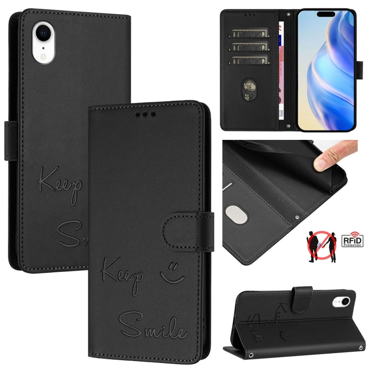 微笑浮雕RFID皮革手機殼，適用於iPhone 11 Pro Max、iPhone 11、iPhone 11 Pro、iPod Touch 7 / 6 / 5、iPhone X / XS、iPhone XR、iPhone XS Max、iPhone 8 Plus / 7 Plus
