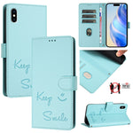 微笑浮雕RFID皮革手機殼，適用於iPhone 11 Pro Max、iPhone 11、iPhone 11 Pro、iPod Touch 7 / 6 / 5、iPhone X / XS、iPhone XR、iPhone XS Max、iPhone 8 Plus / 7 Plus