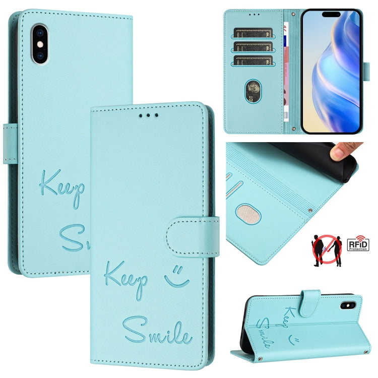 微笑浮雕RFID皮革手機殼，適用於iPhone 11 Pro Max、iPhone 11、iPhone 11 Pro、iPod Touch 7 / 6 / 5、iPhone X / XS、iPhone XR、iPhone XS Max、iPhone 8 Plus / 7 Plus