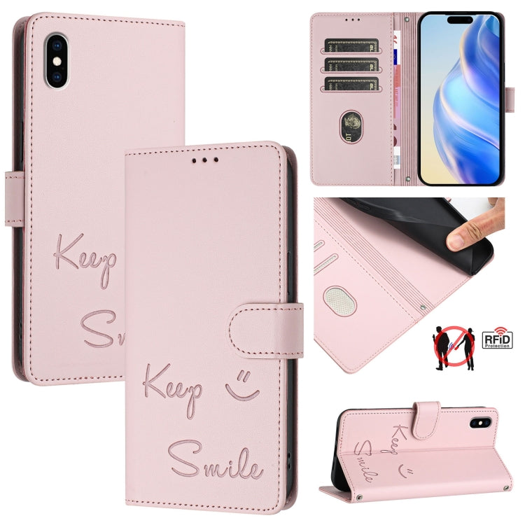 微笑浮雕RFID皮革手機殼，適用於iPhone 11 Pro Max、iPhone 11、iPhone 11 Pro、iPod Touch 7 / 6 / 5、iPhone X / XS、iPhone XR、iPhone XS Max、iPhone 8 Plus / 7 Plus
