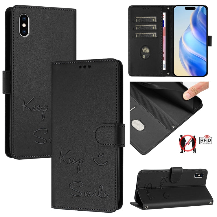 微笑浮雕RFID皮革手機殼，適用於iPhone 11 Pro Max、iPhone 11、iPhone 11 Pro、iPod Touch 7 / 6 / 5、iPhone X / XS、iPhone XR、iPhone XS Max、iPhone 8 Plus / 7 Plus