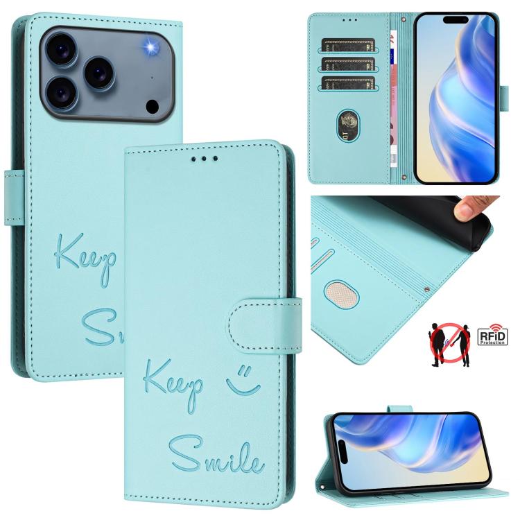 Smile Embossing RFID Leather Phone Case, For iPhone 17 Pro Max, For iPhone 17 Pro, For iPhone 17, For iPhone Air, For iPhone SE 2024, For iPhone 16 Pro Max, For iPhone 16 Pro, For iPhone 16 Plus