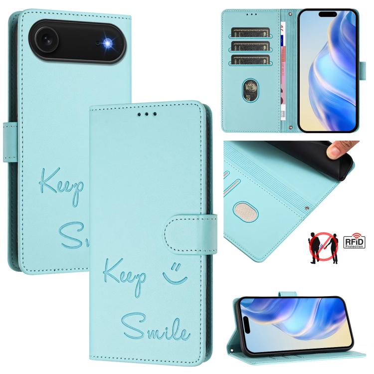 微笑浮雕 RFID 皮革手機殼，適用於 iPhone 17 Pro Max、iPhone 17 Pro、iPhone 17、iPhone Air、iPhone SE 2024、iPhone 16 Pro Max、iPhone 16 Pro、iPhone 16 Plus