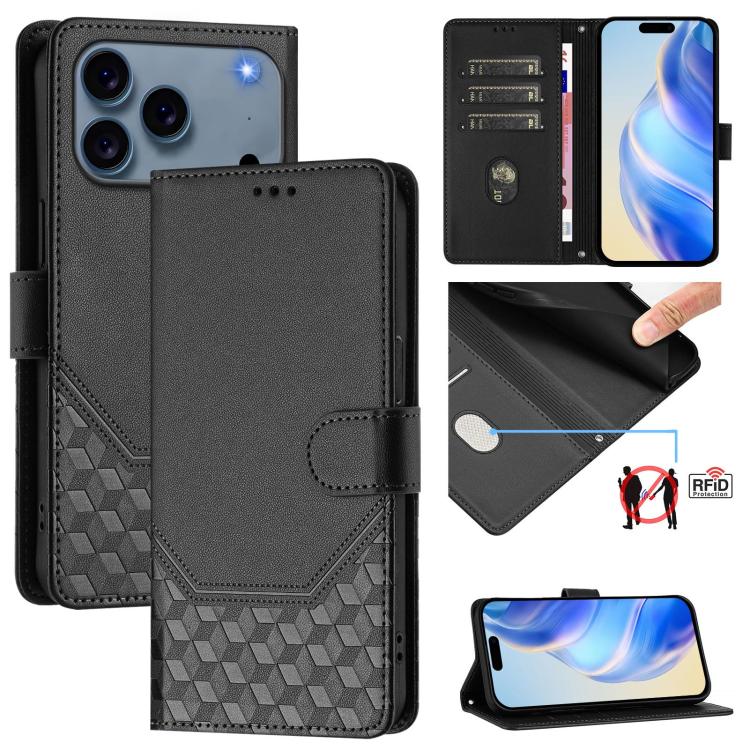 蜂巢壓紋RFID皮革手機殼，適用於iPhone 17e / 16e、iPhone 17 Pro Max、iPhone 17 Pro、iPhone 17、iPhone Air、iPhone 16 Pro Max、iPhone 16 Pro、iPhone 16 Plus