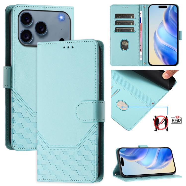 蜂巢壓紋RFID皮革手機殼，適用於iPhone 17e / 16e、iPhone 17 Pro Max、iPhone 17 Pro、iPhone 17、iPhone Air、iPhone 16 Pro Max、iPhone 16 Pro、iPhone 16 Plus