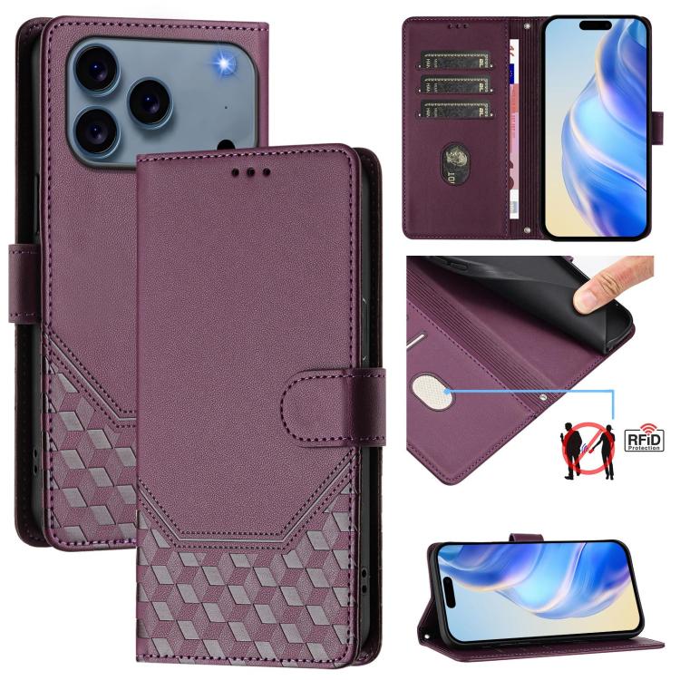 蜂巢壓紋RFID皮革手機殼，適用於iPhone 17e / 16e、iPhone 17 Pro Max、iPhone 17 Pro、iPhone 17、iPhone Air、iPhone 16 Pro Max、iPhone 16 Pro、iPhone 16 Plus