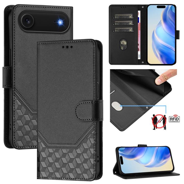 蜂巢壓紋RFID皮革手機殼，適用於iPhone 17e / 16e、iPhone 17 Pro Max、iPhone 17 Pro、iPhone 17、iPhone Air、iPhone 16 Pro Max、iPhone 16 Pro、iPhone 16 Plus