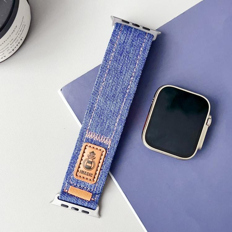 丹寧尼龍魔鬼氈帆布錶帶，適用於 Apple Watch 46mm / 49mm / 45mm / 44mm，適用於 Apple Watch 42mm / 41mm / 40mm / 38mm