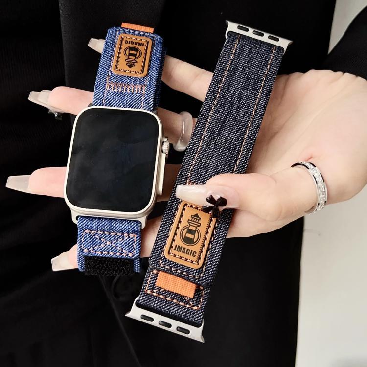 丹寧尼龍魔鬼氈帆布錶帶，適用於 Apple Watch 46mm / 49mm / 45mm / 44mm，適用於 Apple Watch 42mm / 41mm / 40mm / 38mm
