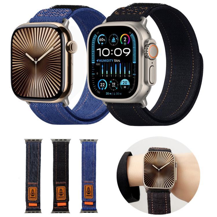 丹寧尼龍魔鬼氈帆布錶帶，適用於 Apple Watch 46mm / 49mm / 45mm / 44mm，適用於 Apple Watch 42mm / 41mm / 40mm / 38mm