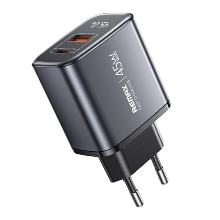 REMAX U2-AC 45W USB 與 Type-C GaN 數字顯示快速充電器，歐規插頭，英規插頭