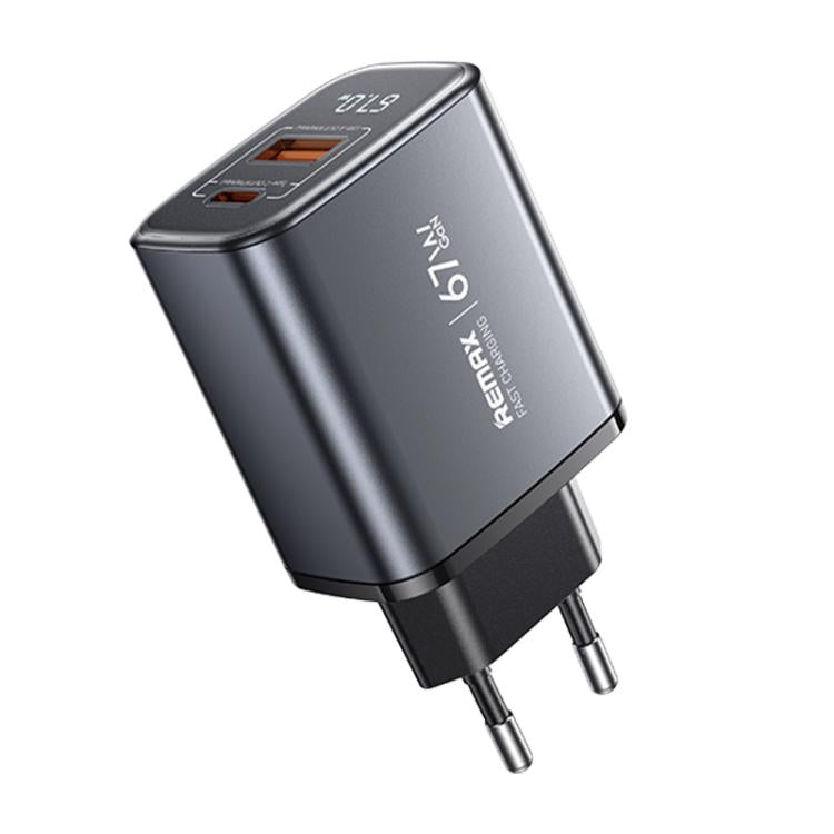 REMAX U2-AC 67W USB 與 Type-C GaN 數字顯示快速充電器，歐規插頭，英規插頭