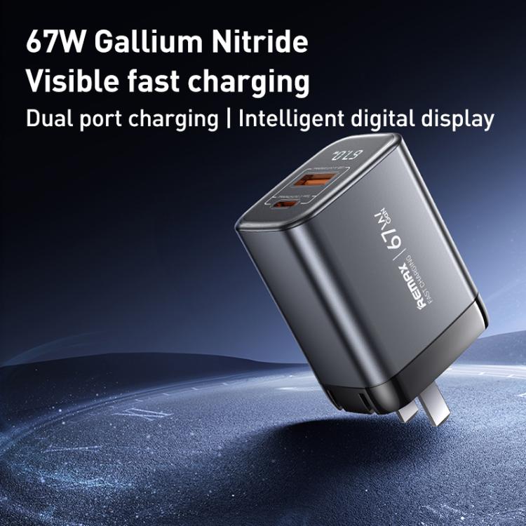 REMAX U2-AC 67W USB 與 Type-C GaN 數字顯示快速充電器，歐規插頭，英規插頭