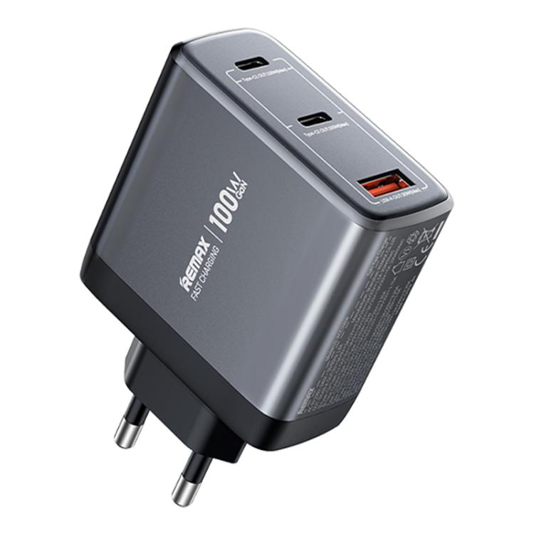 REMAX U2-AC 100W USB 與雙 Type-C GaN 數字顯示快速充電器，歐規插頭