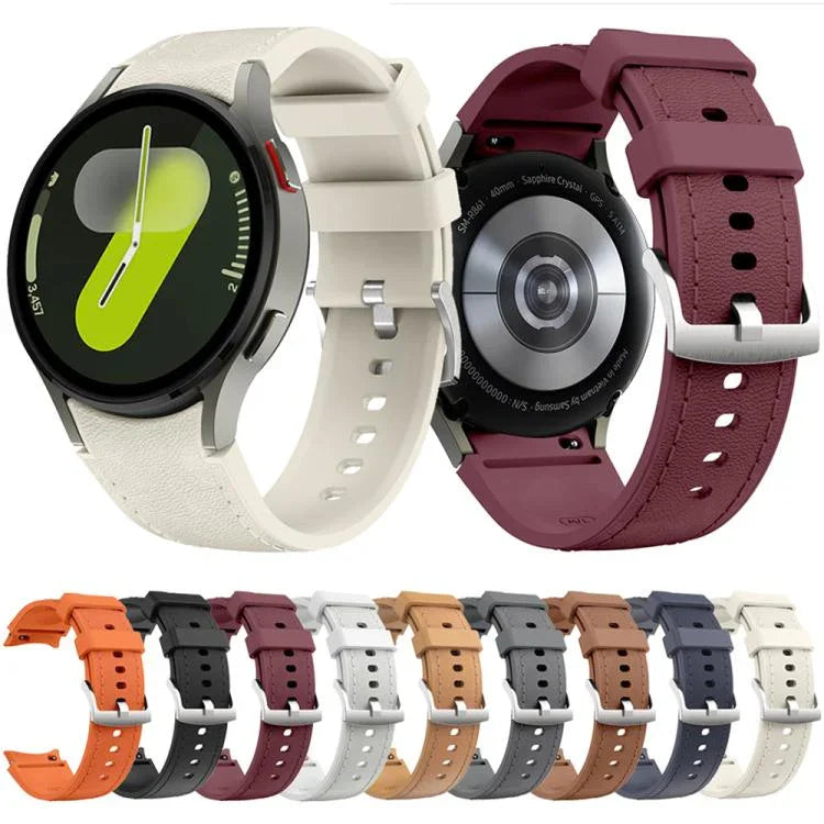 銀色針扣皮革矽膠錶帶，適用於 Samsung Galaxy Watch 7 / 6 / 5 / 4