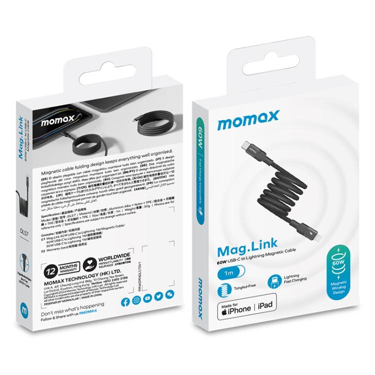 MOMAX DL57D Mag.Link 60W Type-C 轉 8 Pin 磁吸編織快充數據線，長度：1米