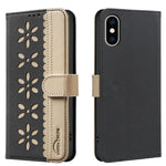 拼色鏤空花紋 RFID 皮革手機殼，適用於 iPhone XS Max、iPhone 6 Plus / 7 Plus / 8 Plus、iPhone 6 / 7 / 8