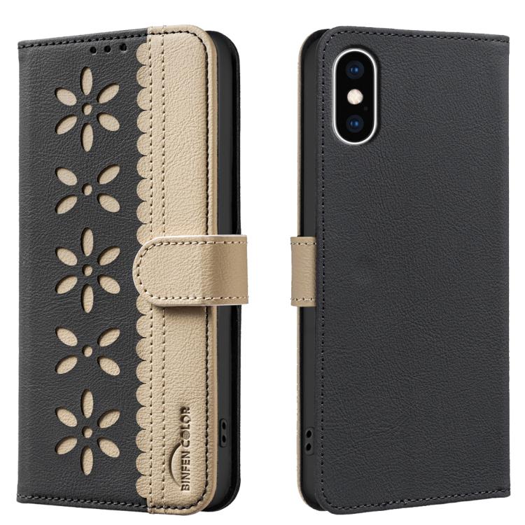 拼色鏤空花紋 RFID 皮革手機殼，適用於 iPhone XS Max、iPhone 6 Plus / 7 Plus / 8 Plus、iPhone 6 / 7 / 8