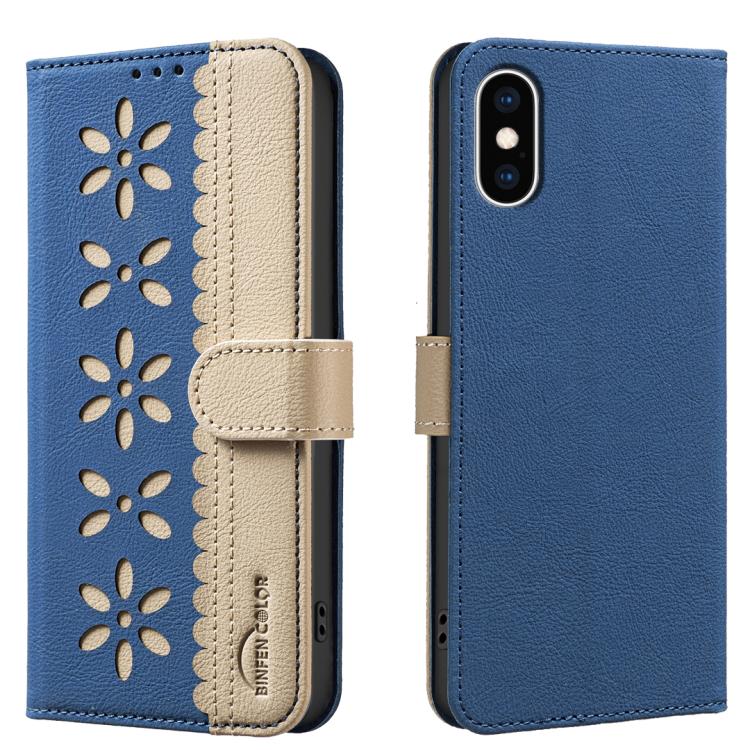 拼色鏤空花紋 RFID 皮革手機殼，適用於 iPhone XS Max、iPhone 6 Plus / 7 Plus / 8 Plus、iPhone 6 / 7 / 8