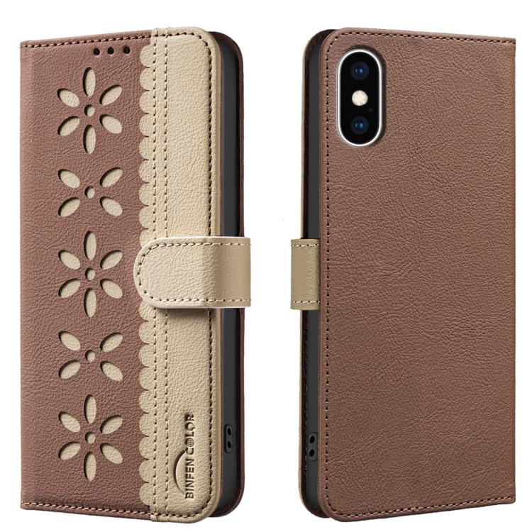 拼色鏤空花紋 RFID 皮革手機殼，適用於 iPhone XS Max、iPhone 6 Plus / 7 Plus / 8 Plus、iPhone 6 / 7 / 8