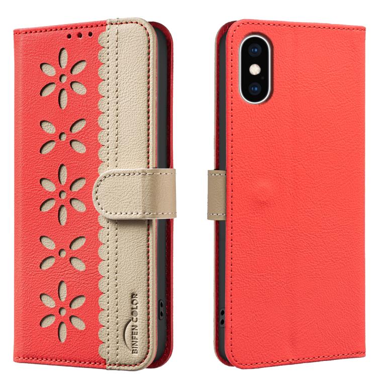 拼色鏤空花紋 RFID 皮革手機殼，適用於 iPhone XS Max、iPhone 6 Plus / 7 Plus / 8 Plus、iPhone 6 / 7 / 8