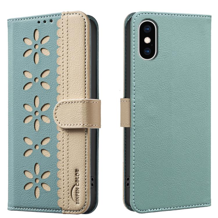 拼色鏤空花紋 RFID 皮革手機殼，適用於 iPhone XS Max、iPhone 6 Plus / 7 Plus / 8 Plus、iPhone 6 / 7 / 8