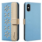 拼色鏤空花紋 RFID 皮革手機殼，適用於 iPhone XS Max、iPhone 6 Plus / 7 Plus / 8 Plus、iPhone 6 / 7 / 8