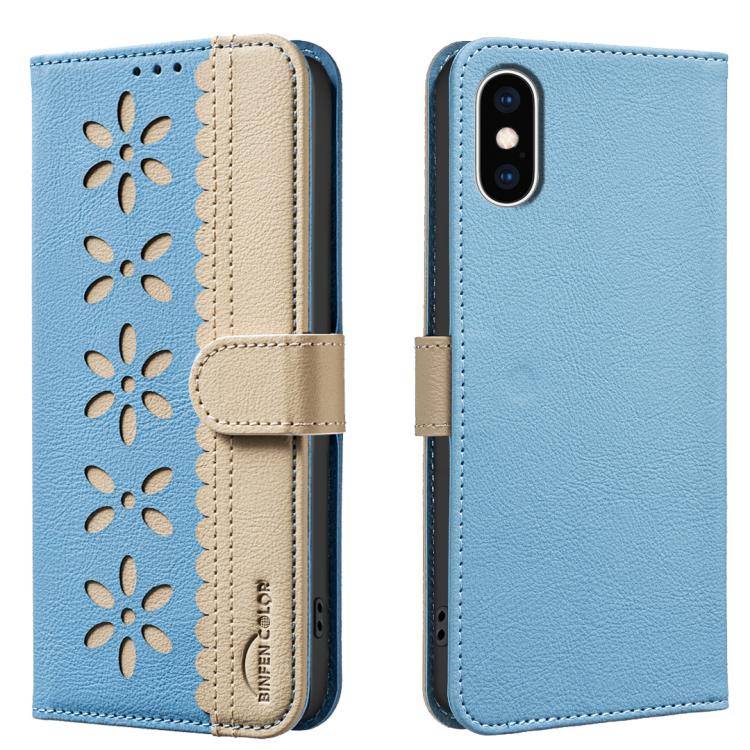 拼色鏤空花紋 RFID 皮革手機殼，適用於 iPhone XS Max、iPhone 6 Plus / 7 Plus / 8 Plus、iPhone 6 / 7 / 8