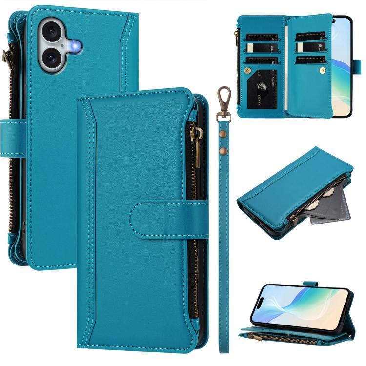 磁吸扣 9 卡槽拉鍊皮革手機殼附手帶，適用於 iPhone 17e / 16e、iPhone 17 Pro Max、iPhone 17 Pro、iPhone 17、iPhone Air、iPhone 16 Pro Max、iPhone 16 Pro、iPhone 16 Plus