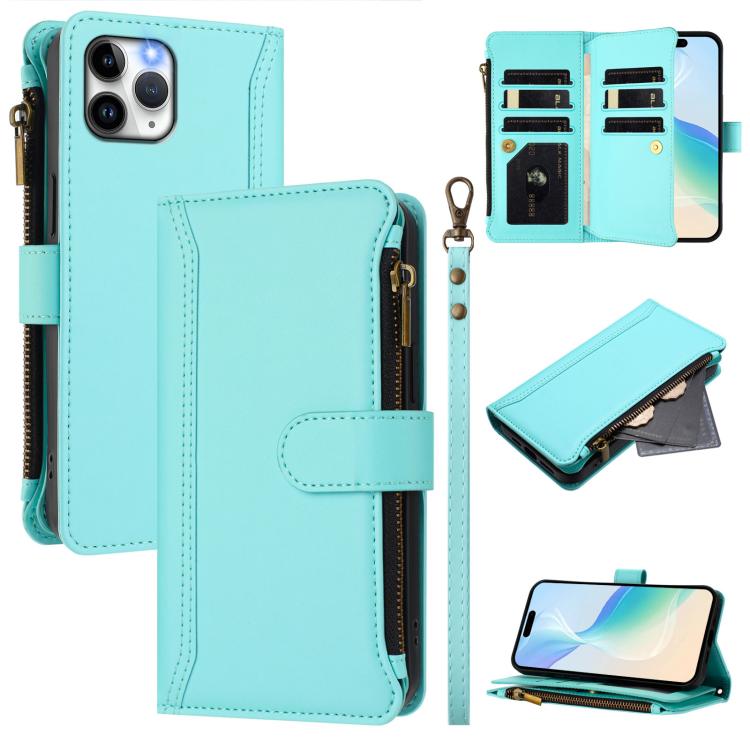 磁扣9卡位拉鍊皮革手機殼附手腕帶，適用於 iPhone 11 Pro Max、iPhone 11、iPhone 11 Pro、iPhone XS / X、iPhone XR、iPhone XS Max、iPhone 8 Plus / 7 Plus