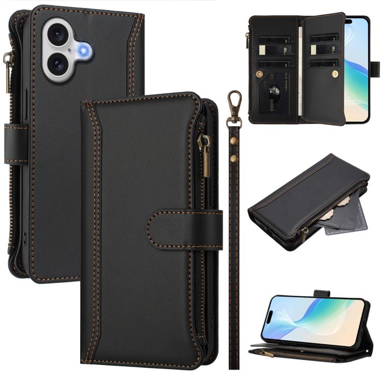 磁吸扣 9 卡槽拉鍊皮革手機殼附手帶，適用於 iPhone 17e / 16e、iPhone 17 Pro Max、iPhone 17 Pro、iPhone 17、iPhone Air、iPhone 16 Pro Max、iPhone 16 Pro、iPhone 16 Plus