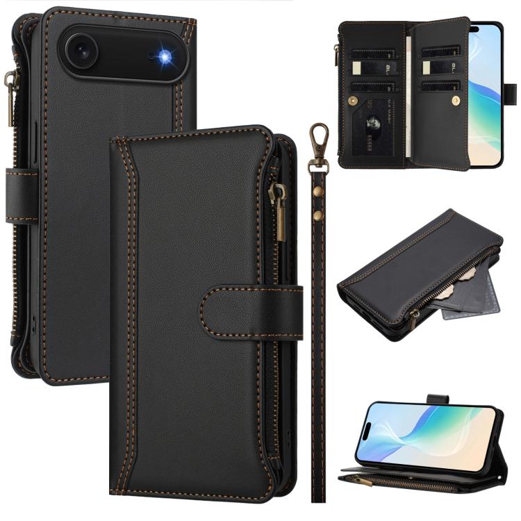 磁吸扣 9 卡槽拉鍊皮革手機殼附手帶，適用於 iPhone 17e / 16e、iPhone 17 Pro Max、iPhone 17 Pro、iPhone 17、iPhone Air、iPhone 16 Pro Max、iPhone 16 Pro、iPhone 16 Plus