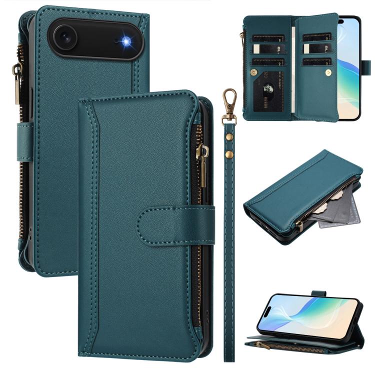 磁吸扣 9 卡槽拉鍊皮革手機殼附手帶，適用於 iPhone 17e / 16e、iPhone 17 Pro Max、iPhone 17 Pro、iPhone 17、iPhone Air、iPhone 16 Pro Max、iPhone 16 Pro、iPhone 16 Plus